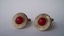 3360 c. 1940s round gold tone cufflinks with red cabochon center. These are much more polished than picture suggests and in nice shape with some evidence of use. Nice vintage look. No maker’s mark. Medium size, c. ¾” diameter. Price: $15