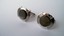 3418 c. 1950s Swank silver tone cufflinks with abalone center and contemporary style border. Small/Medium c. ¾” diameter. Show light wear. Price: $15