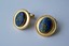 4361 c. 1960s Destino round gold tone cufflinks w/ oval blue multi-hued stone at center, textured background and rope border. Large, c. 1” diameter; like new; Price: $35